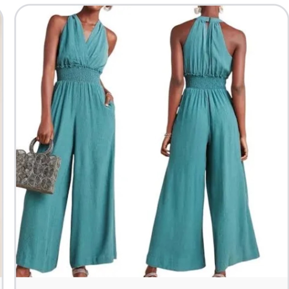 Anthro Bionda Plissé Teal Wide Leg Jumpsuit Medium